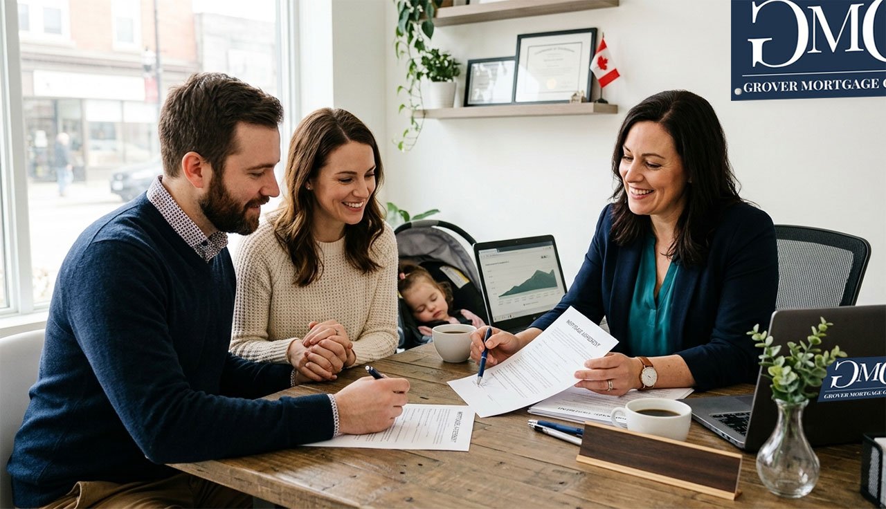 A professional mortgage broker sitting across from a couple at a desk, reviewing documents together in a modern office. Warm, approachable tone.