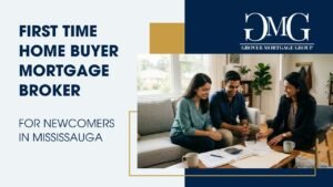 A smiling South Asian couple sitting on a light gray sofa in a bright living room, reviewing documents with a Mississauga First Time Home Buyer Mortgage Broker for Newcomers.