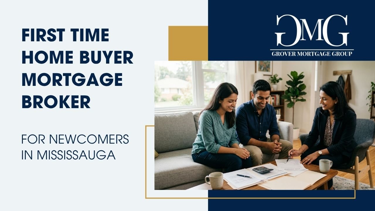 A smiling South Asian couple sitting on a light gray sofa in a bright living room, reviewing documents with a Mississauga First Time Home Buyer Mortgage Broker for Newcomers.