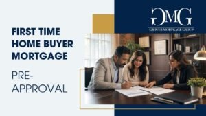 Couple reviewing mortgage documents with a mortgage broker in a warm, professional office.