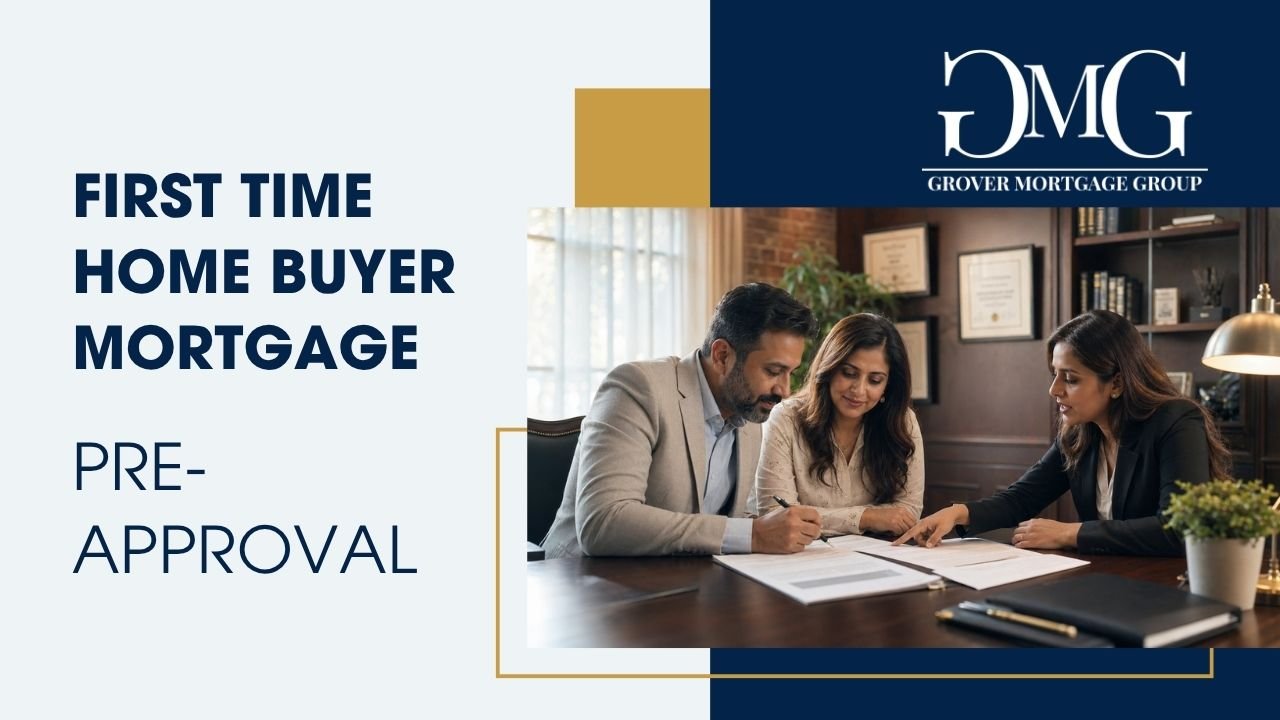 Couple reviewing mortgage documents with a mortgage broker in a warm, professional office.