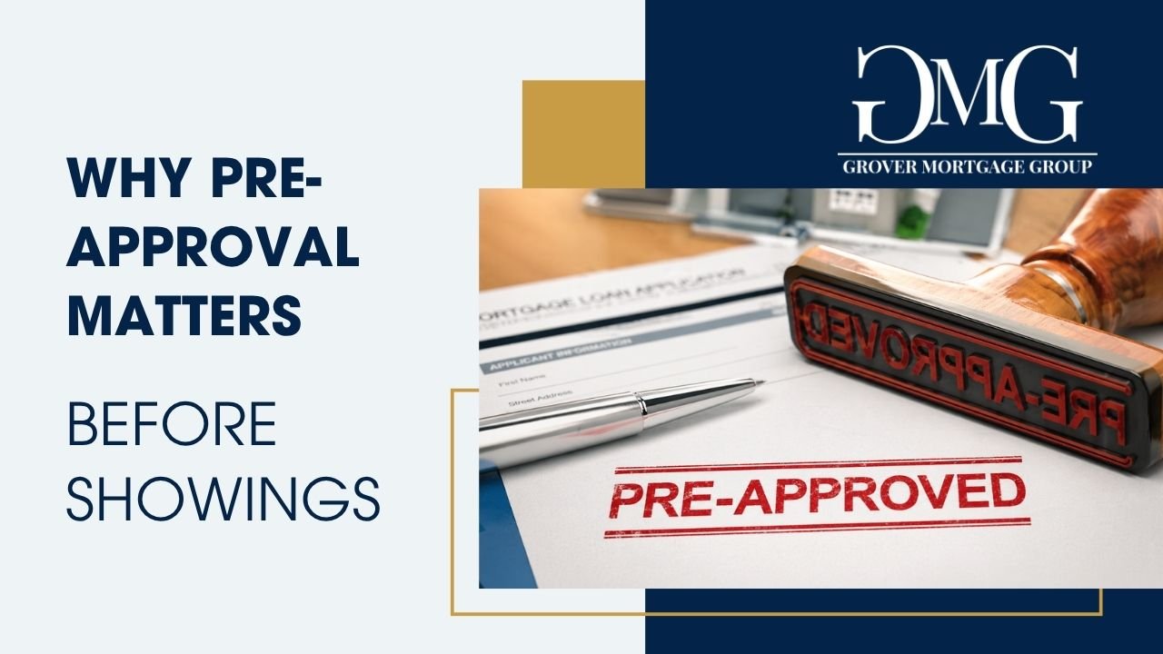 Mortgage loan application paperwork with a red PRE-APPROVED stamp, rubber stamp, and silver pen on a desk.