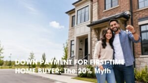 First-time home buyer couple holding keys outside an Oakville home after learning down payment options beyond the 20% myth.