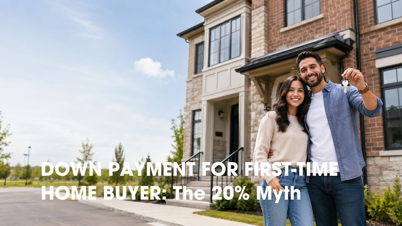 First-time home buyer couple holding keys outside an Oakville home after learning down payment options beyond the 20% myth.