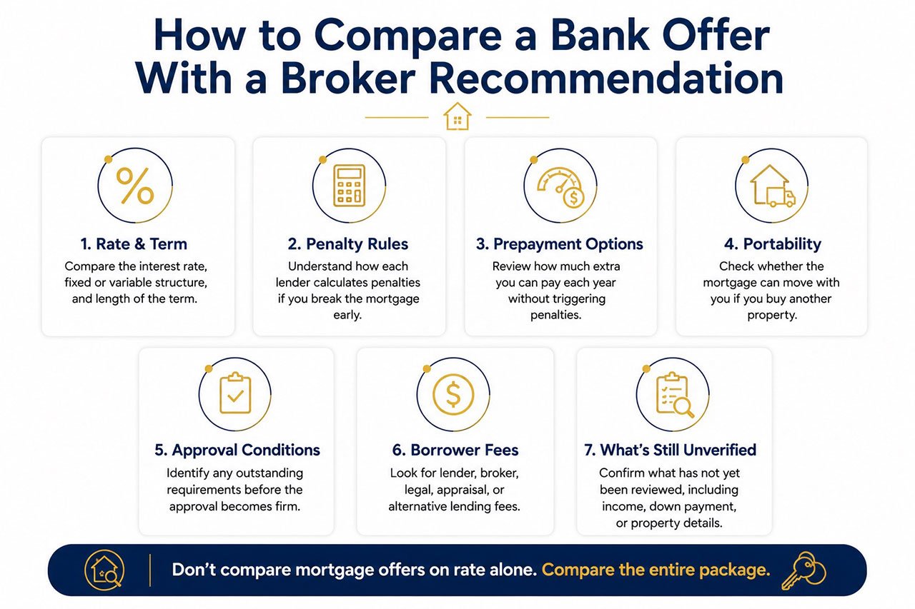 Infographic showing seven factors to compare when evaluating a bank mortgage offer versus a broker recommendation, including rate and term, penalties, prepayment privileges, portability, approval conditions, borrower fees, and unverified items.