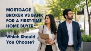 First-time home buyer couple weighing a mortgage broker vs bank, one partner holding documents on a city sidewalk
