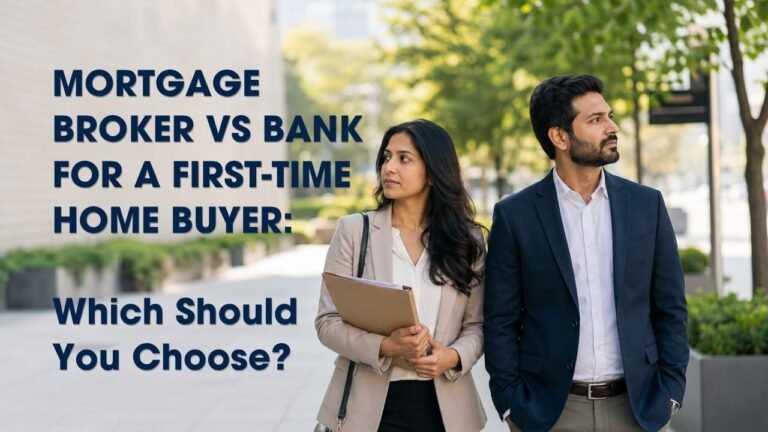 First-time home buyer couple weighing a mortgage broker vs bank, one partner holding documents on a city sidewalk