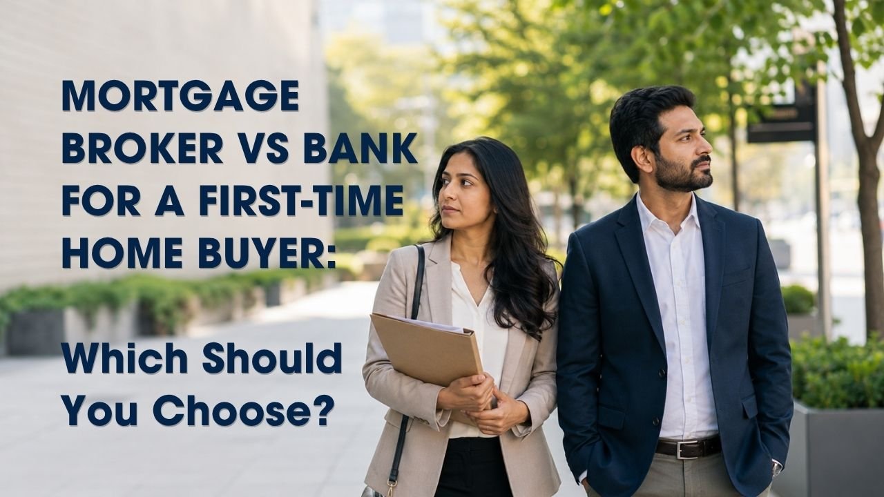 First-time home buyer couple weighing a mortgage broker vs bank, one partner holding documents on a city sidewalk