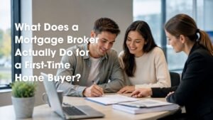 First-time home buyers reviewing mortgage documents with a mortgage broker in an office, with text about mortgage broker services for first-time buyers.
