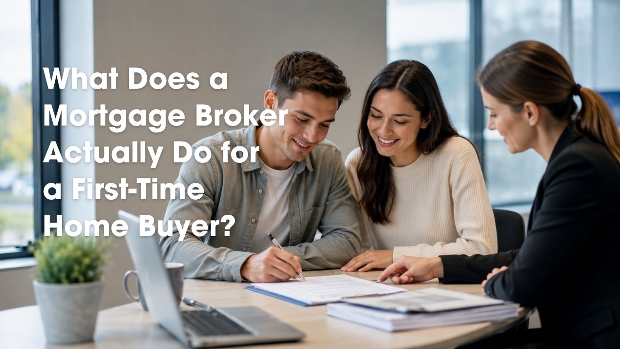 First-time home buyers reviewing mortgage documents with a mortgage broker in an office, with text about mortgage broker services for first-time buyers.