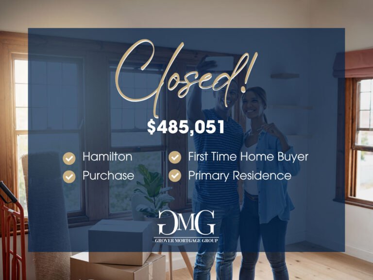 Grover Mortgage Group success story celebrating a $485,051 Hamilton purchase by first-time homebuyers holding keys inside their new primary residence.