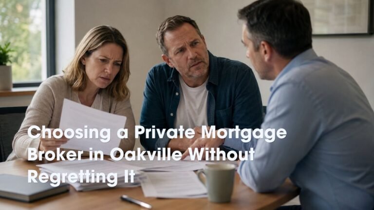 Couple in their forties reviewing private mortgage paperwork with a mortgage broker in Oakville