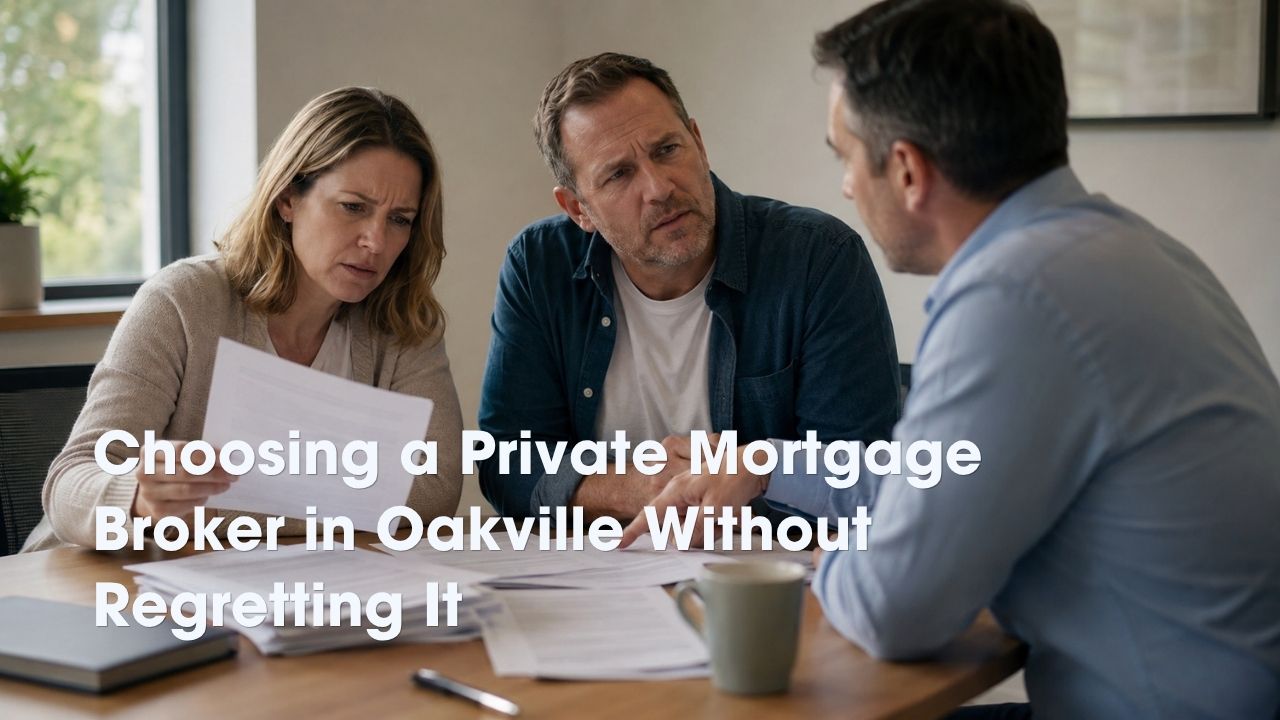 Couple in their forties reviewing private mortgage paperwork with a mortgage broker in Oakville